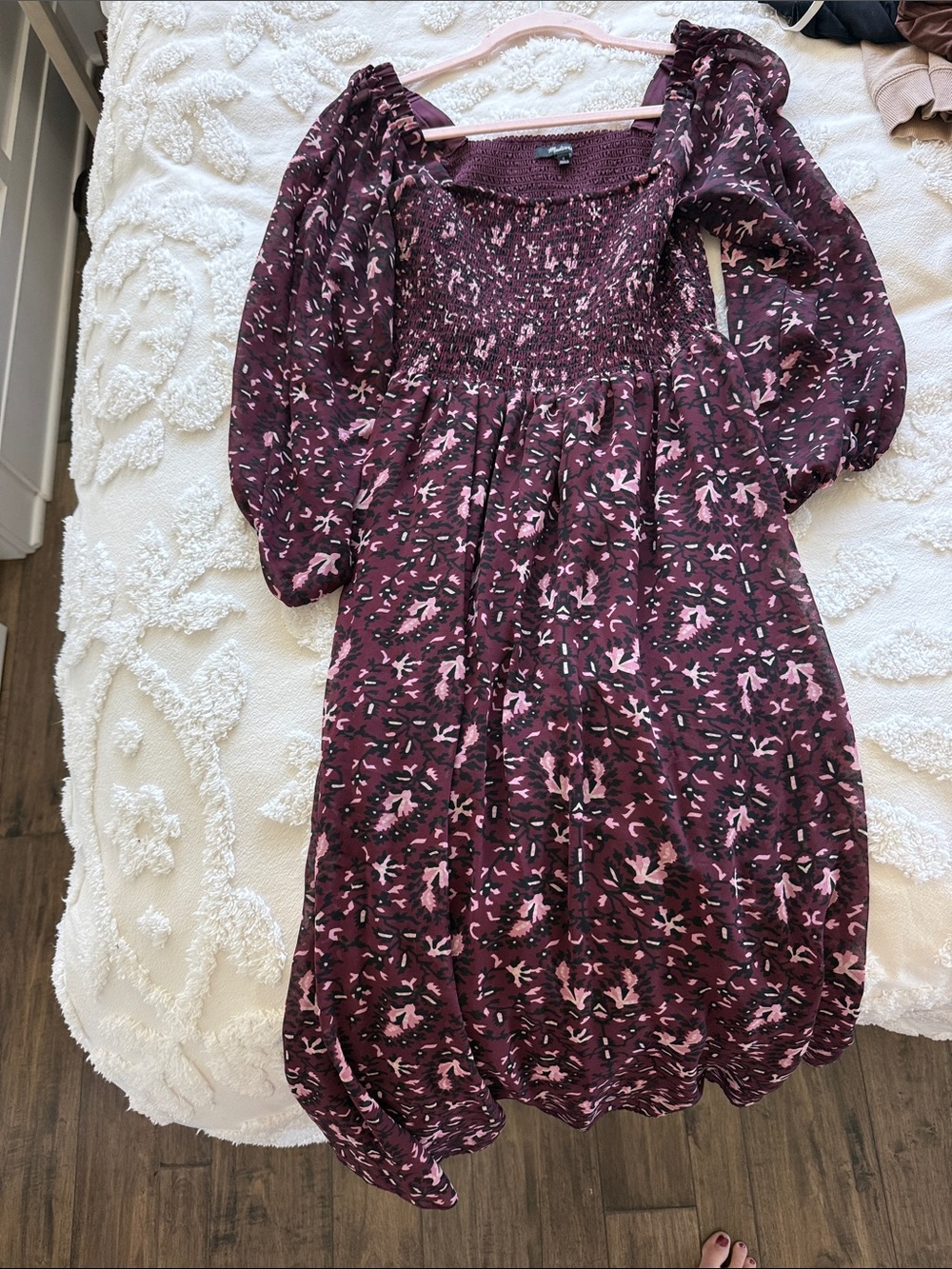 Madewell Plum Floral Smocked Midi Dress with Pink Print